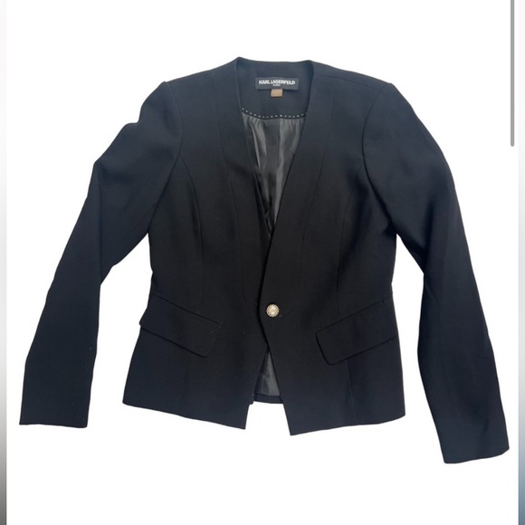 KARL LAGERFELD 18” PTP Suit Jacket with Pearl Detail, Black, Size 8. - Picture 3 of 10